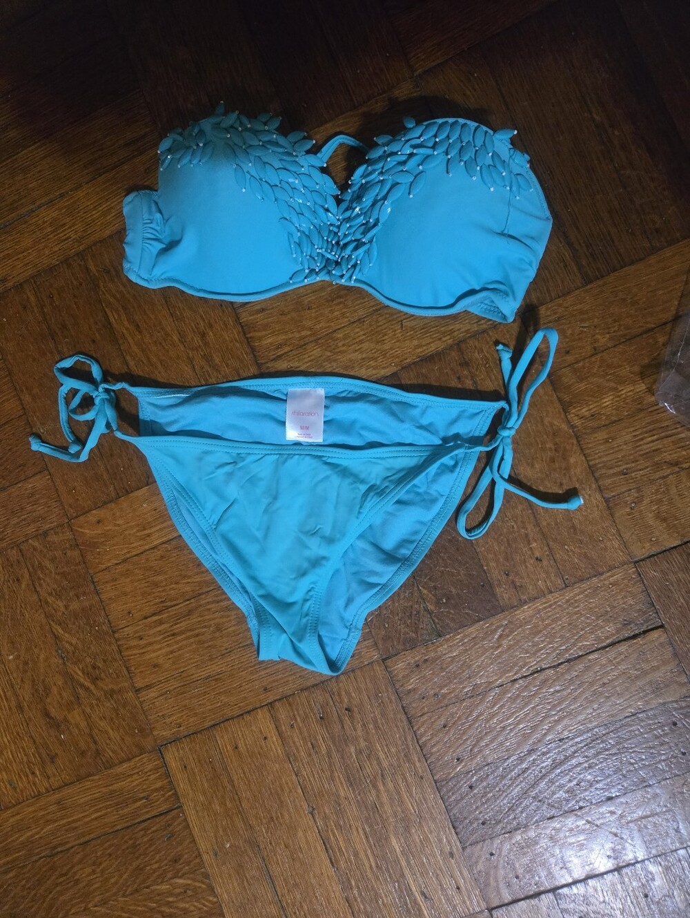 Turquoise Blue Women's Bandeau Bikini Set - Strapless Top & Tie-Side Bottom W Em - Picture 2 of 3